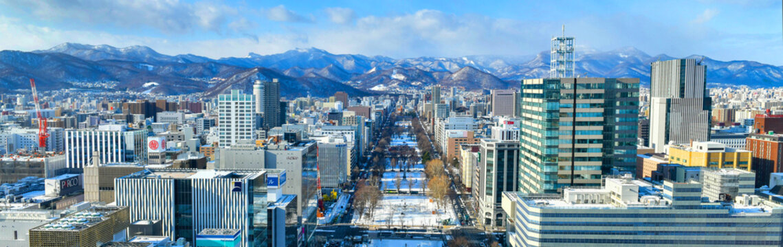 Japan - December 18, 2025 : Panorama view of Odori Park and the Sapporo city view in winter on TV Tower observation deck in Hokkaido Prefecture.