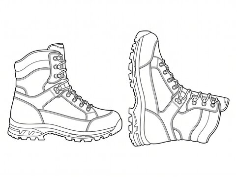 High top tactical combat boots pair side view vector line art vector outline template for footwear mockup