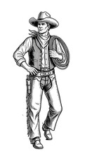 Fototapeta premium Western Cowboy Man Isolated Transparent Background Line Art Style