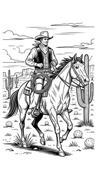 Western Cowboy Riding Horse Desert Landscape Illustration Art