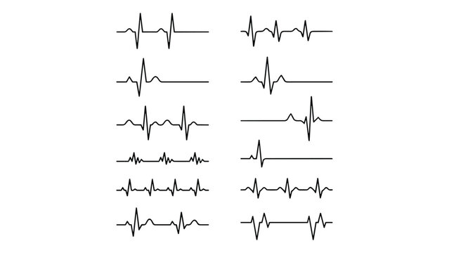 Set of twelve black heartbeat ekg or ecg pulse line on a white background, medical rhythm waveform