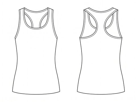 Athletic performance tank top front and back view vector line art template for activewear brand