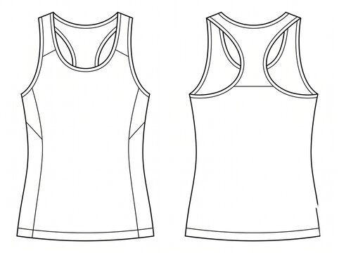 Sporty panelled tank top front and back outline line art vector drawing template for activewear design