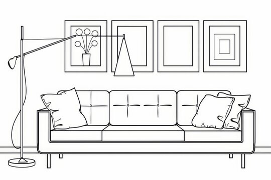 Modern living room with sofa and floor lamp, minimal vector line drawing