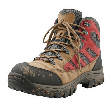 A brown and red hiking boot with laces and a rugged sole isolated on transparent background