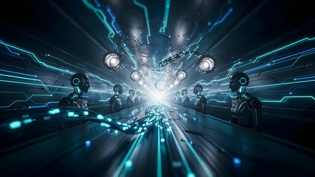 Infinite futuristic workflow tunnel built from luminous digital circuits and AI processing nodes, seamless automation pipeline, cloud integration, robotic intelligence, cinematic perspective, photorea