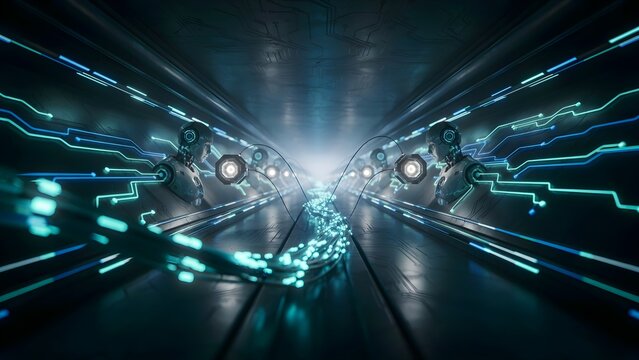 Infinite futuristic workflow tunnel built from luminous digital circuits and AI processing nodes, seamless automation pipeline, cloud integration, robotic intelligence, cinematic perspective, photorea