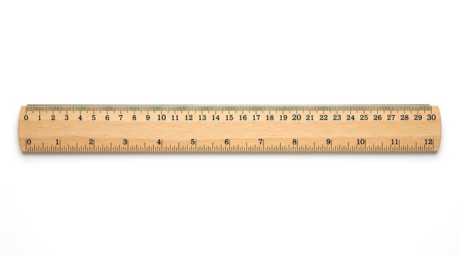 Thirty-centimeter wooden ruler with metric and imperial scales isolated horizontally on a white background.