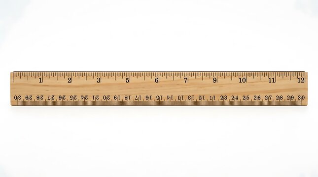 Wooden ruler with inch and centimeter markings isolated horizontally on a white background with ample copy space.