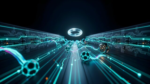 Infinite futuristic workflow tunnel built from luminous digital circuits and AI processing nodes, seamless automation pipeline, cloud integration, robotic intelligence, cinematic perspective, photorea