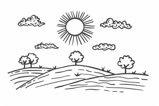 Sun and drifting clouds across an open sky landscape, black ink outline illustration