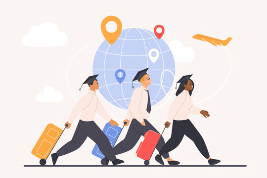 Young diverse graduates walking with luggage and airplane around globe, representing international study abroad, student exchange, travel and global education opportunities vector illustration