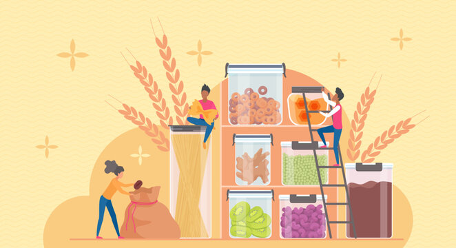 Tiny people organizing dry food storage containers with pasta, cereal, fruit, peas, and nuts on shelves, promoting pantry organization and kitchen meal prep concept vector illustration