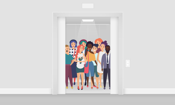 Group of diverse young people standing together inside a crowded elevator in modern building interior, teamwork and office crowd concept, isolated on white background vector illustration