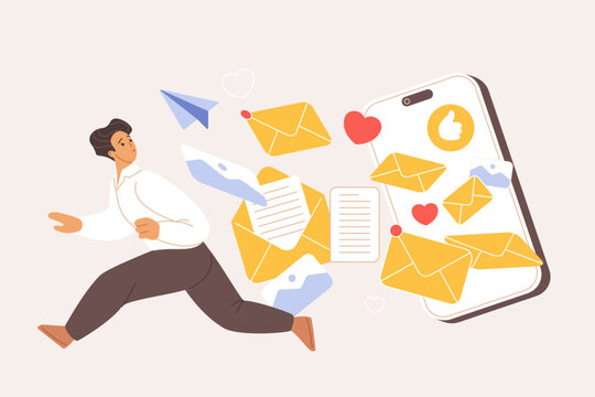 Busy office worker running from smartphone email overload, spam messages, notifications and social media likes, concept of digital stress and communication burnout isolated vector illustration