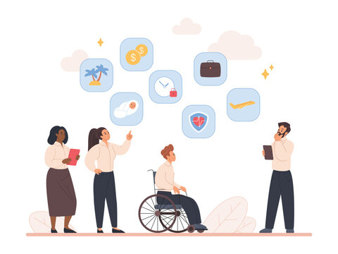 Office workers, manager review employee benefits including vacation, health insurance, disability, parental leave, travel and bonuses, inclusive workplace compensation isolated vector illustration