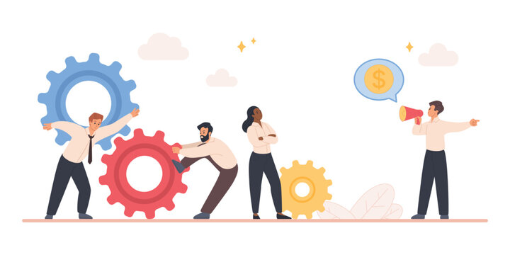 Unmotivated employees struggle with heavy gears while distant manager shouts orders about money, showing workplace exploitation, poor leadership, and low team motivation isolated vector illustration