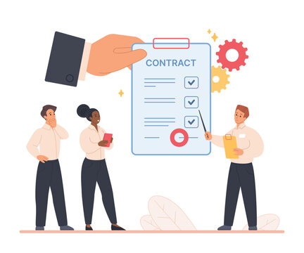 Office employees review a large contract checklist held by a manager, discussing terms, conditions, and agreement details for a new employee contract, isolated on white background vector illustration