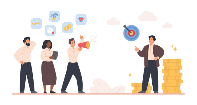 Office employees protest for better rights, salary and benefits, confronting employer near money stacks and target, concept of worker protection, strike and negotiation isolated vector illustration
