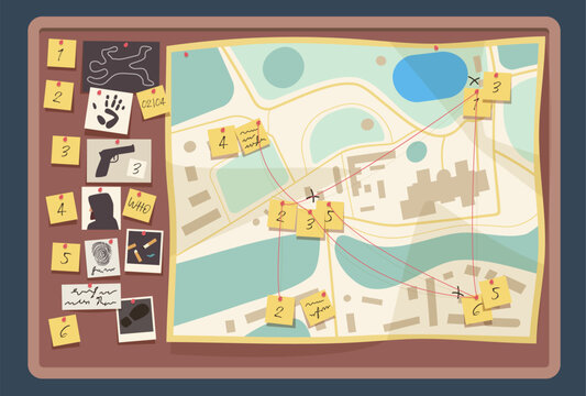 Crime investigation board with city map, red string connections, numbered notes, gun sketch, fingerprint suspect photos for detective case analysis, isolated on white background vector illustration