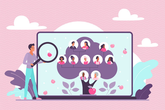 Man researching genealogy on laptop with family tree diagram, diverse relatives portraits and magnifying glass, concept of ancestry search and online family history vector illustration