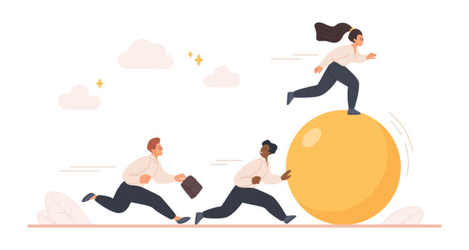 Business people using good strategy and teamwork to achieve success, with colleagues running and pushing big rolling ball, leadership and competition concept, isolated on white vector illustration