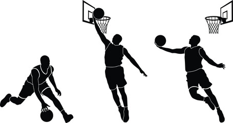 Basketball player silhouettes set dribbling and slam dunking the ball. © Monjurul