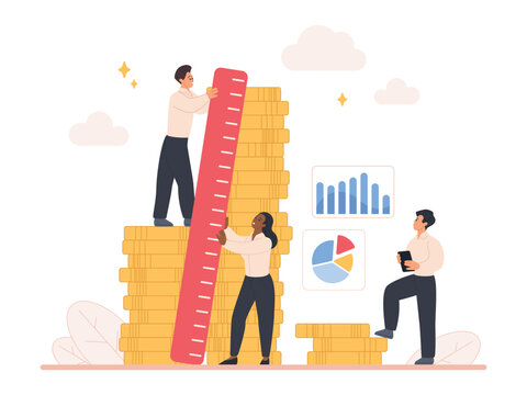Business team measuring income growth with ruler, coins and analytics charts, showing financial success, investment performance and profit increase, isolated on white background vector illustration
