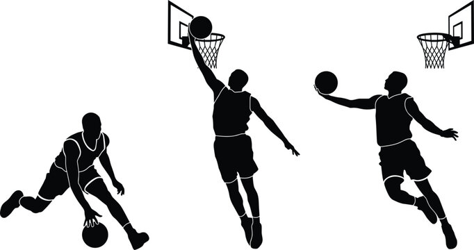 Basketball player silhouettes set dribbling and slam dunking the ball.