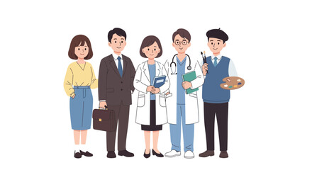 Fototapeta premium Group of diverse professionals including doctor businessman and artist standing together in a flat vector illustration style