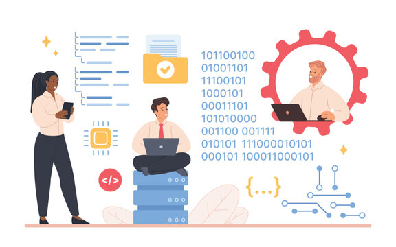 Team of IT developers coding, testing software and managing data on laptops with binary code, servers and UI elements, concept of teamwork in programming and development vector illustration