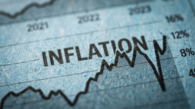 Inflation word on financial newspaper chart, rising economic cost of living graph, global finance and market volatility data analysis