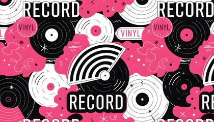 Naklejka premium Vibrant hot pink pop art vinyl record pattern in black and white, ideal for retro fashion print, trendy textile design, summer apparel, and bold youth packaging.
