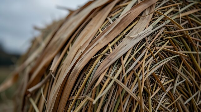 Textured close-up of a golden hay bale showcasing intricate patterns of dried stalks and grasses.