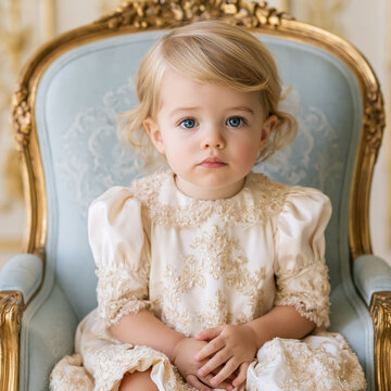 Toddler girl innocently sitting in an antique armchair, embodying childhood royalty and elegant innocence