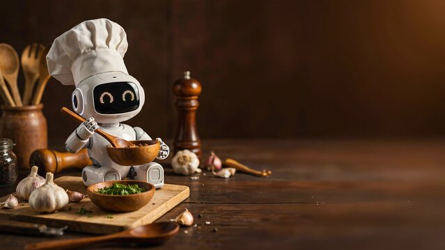 Cute robot chef cooking in modern kitchen with culinary artificial intelligence concept