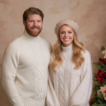 Happy couple wearing cozy sweaters celebrating winter holidays together, smiling for portrait