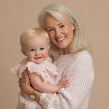 Grandmother holding smiling baby granddaughter, two happy generations bonding together with love and care
