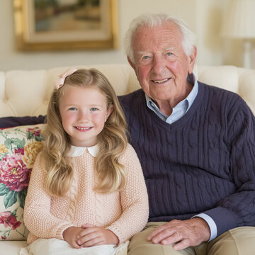 Grandfather and granddaughter smiling together, happy family generations enjoying quality time at home