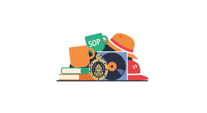 Heap of Miscellaneous Items: Books, Mug, CD, Hat, Medal, Isolated on White Background
