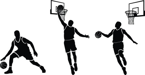 Dynamic black stencils of basketball athletes isolated on white background. © Monjurul