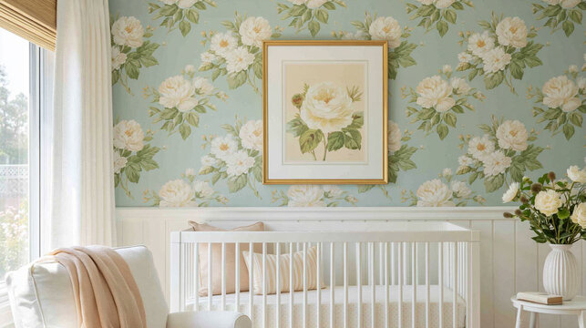 Baby nursery with floral wallpaper, crib, and armchair in a soft, bright, and inviting interior design