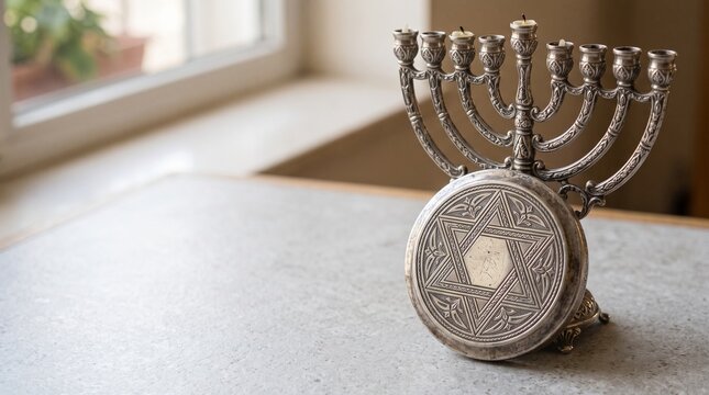 Menorah placed on a shelf alongside simple holiday decor items like blue candles and star ornaments. Hanukkah decor photo for home decoration and holiday brand marketing.
