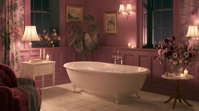 Romantic pink bathroom with clawfoot tub, flowers, and candles creating a relaxing elegant atmosphere