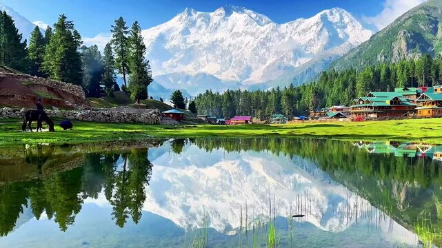 Fairy Meadows Nanga Parbat mountain reflection in lake Pakistan landscape