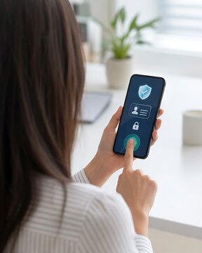 A person utilizes their smartphone to access a secure login screen, employing fingerprint recognition for authenticated entry into a protected digital application with advanced privacy settings