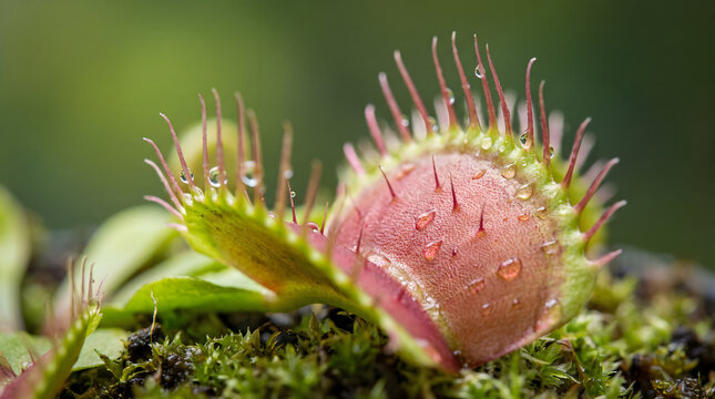 Venus flytrap with dewdrops captured in macro closeup showing open leaves and spiny margins