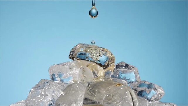 Cinematic macro liquid texture background water drop splash over melting ice cube pile on blue backdrop with clear syrup and honey pouring creating glossy abstract refreshing closeup detail