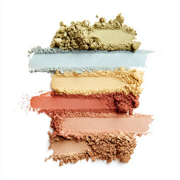 Crumbly eyeshadow swatches showing cosmetic powder textures and a range of colorful makeup on white background