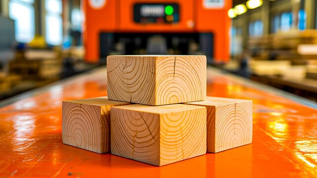 Stacked wooden cubes on workshop table representing construction creativity and learning